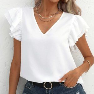 NEW Cap Sleeve Butterfly Sleeve V Neck Blouse SZ MEDIUM Solid White
